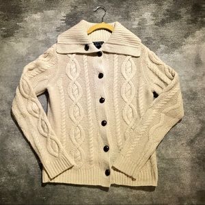 THEORY Beige Wool-Cashmere Cable Knit Cardigan